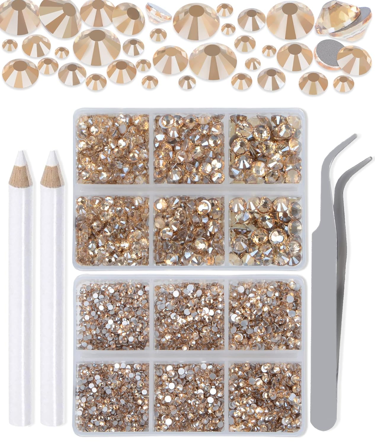LPBeads 6000 Pieces Champagne Non Hotfix Rhinestones 6 Sizes Round Crystal Glass Flat Back Rhinestones with Tweezers and Picking Pen for Nail Art Crafts Clothes Bags DIY
