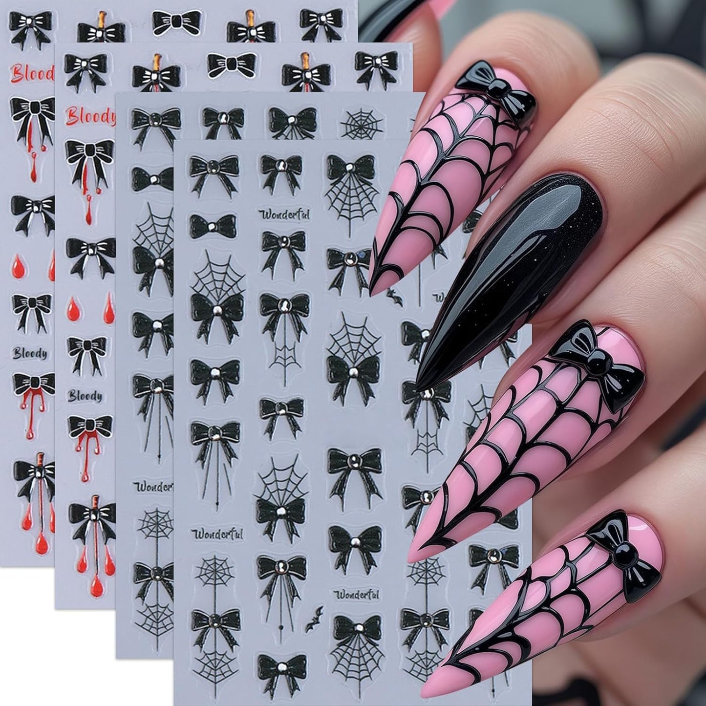 4 Sheets Embossed Halloween Nail Stickers for Nail Art 5D Self-Adhesive Black Bow Spider Web Nail Art Stickers Bow Blood Drop Bats Nail Decals Nails Design Sticker for Women DIY Festival Nail Decor