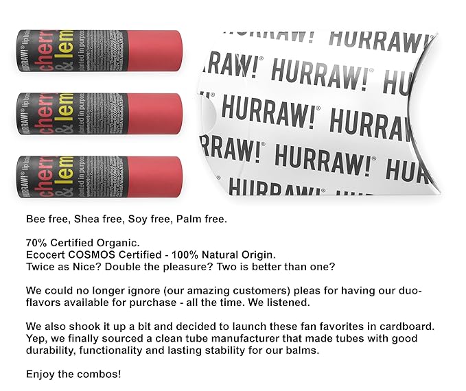 Hurraw! Cherry & Lemon Lip Balm, 3 Pack: Plastic-Free with new cardboard push-up tube. Certified Organic, All Natural Origin, Vegan & Cruelty Free. Gluten Free. Bee, Shea, Soy & Palm Free. Made in USA