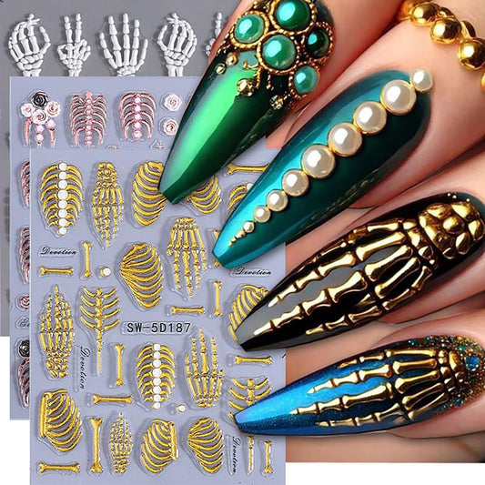 Halloween Nail Art Stickers 5D Relief Skeleton Hand Rose Flowers Nail Decals Self -Adhesive Gold Rose Gold White Nail Decals Holographic Halloween Nail Decoration for Women Manicure Supplies