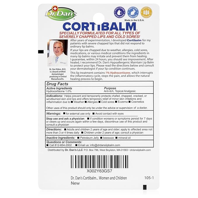Dr. Dan's Cortibalm - 3 Pack - for Dry Cracked Lips - Healing Lip Balm for Severely Chapped Lips - Designed for Men, Women and Children -