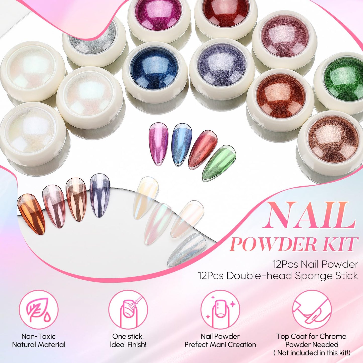 AIMEILI Pearl Chrome Nail Powder, Vegan, Cruelty Free, 12 Colors Aurora Metallic Holographic Mirror Effect Nail Art Pigment Iridescent Shell Glitter Nail Art