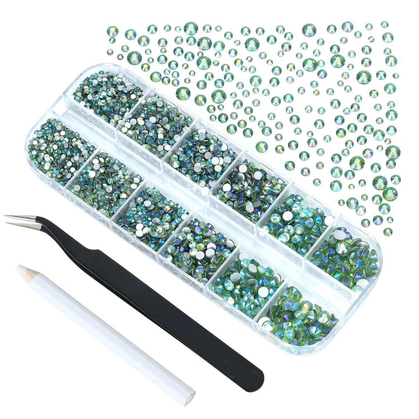 4240Pcs Light Green AB Flatback Rhinestones 6 Sizes Crystal Diamonds for Nail Art Crafts Clothes Shoes with Tweezers and Picking Pen