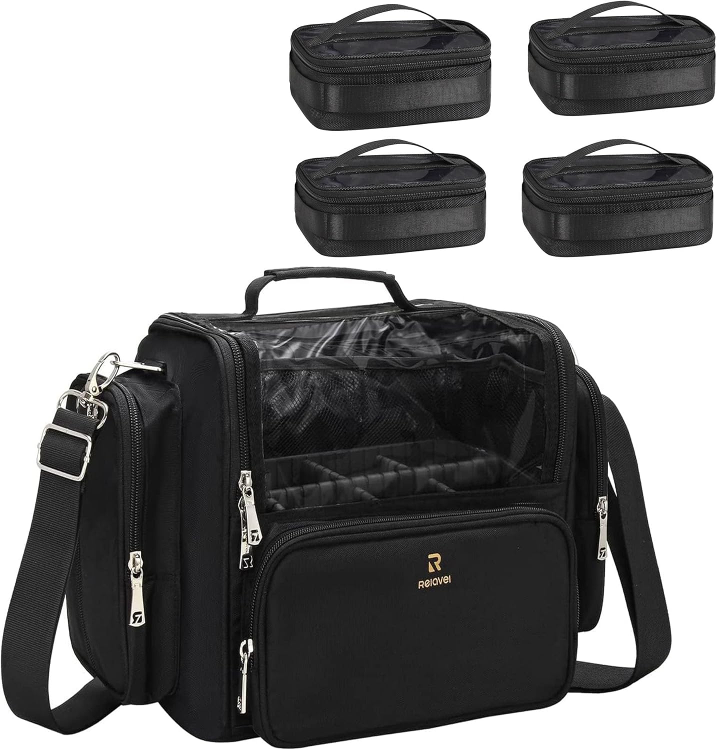 Makeup Brush Bag Extra Large Makeup Brush Case with 4 small bags Professional Makeup Artist Brush Holder Stand Up Organizer for Travel with Adjustable Dividers and Shoulder Strap