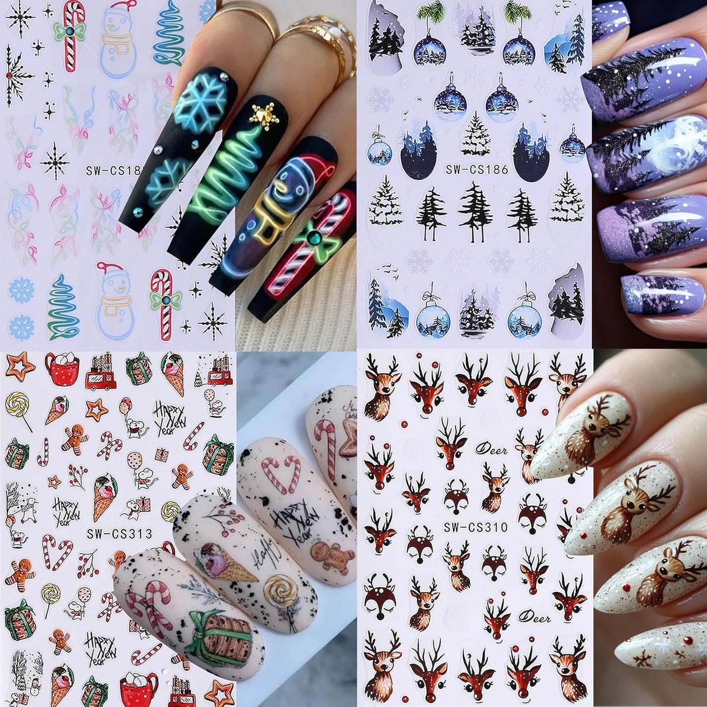 Christmas Nail Art Stickers Decals 16PCS 3D Self-Adhesive New Year Sticker for Nail Art Santa Claus Tree Elk Snowman Gonks Red Designs DIY Xmas Winter Decor Nail Art Supplies for Women Girls