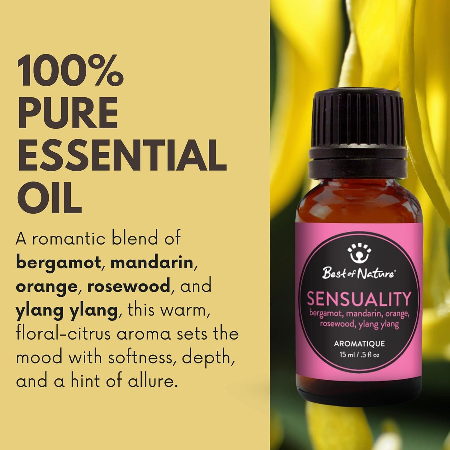 Sensuality Essential Oil Blend – Ylang Ylang, Bergamot, Mandarin, Orange & Rosewood – 100% Pure for Diffuser, Massage, Mood & Self-Care – Romantic Aromatherapy