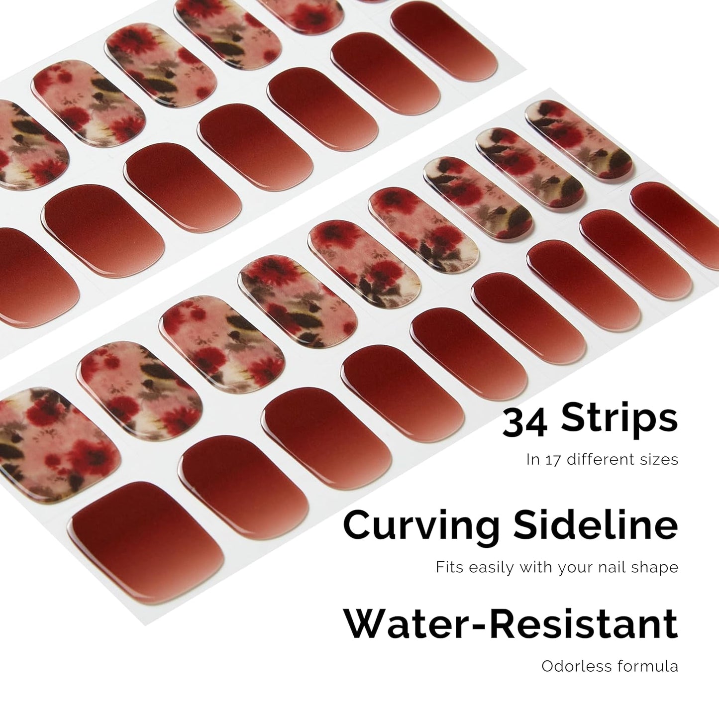 Semi Cured Gel Nail Strips - NAILOG 34 Pcs Gel Nail Stickers | Buy 2 Get 1 UV Light | Extra Long Nail Wraps with Glossy Gel Finishing Reddish Brown, Wildflowers