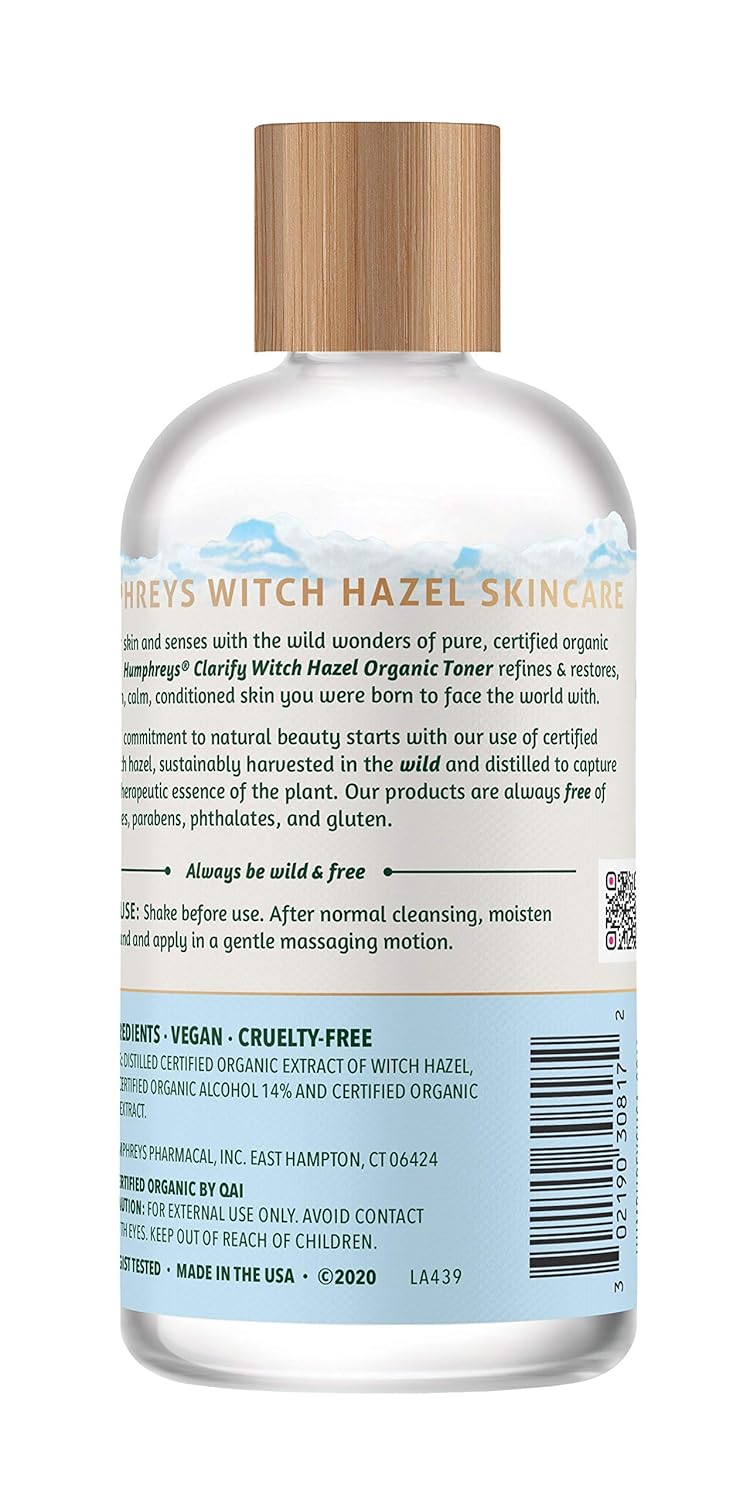 Humphreys Witch Hazel Clarifying Toner | Wild Harvested Witch Hazel | USDA Organic | Natural | Hydrating | Clears Pores & Removes Oil | 8 Fl Oz