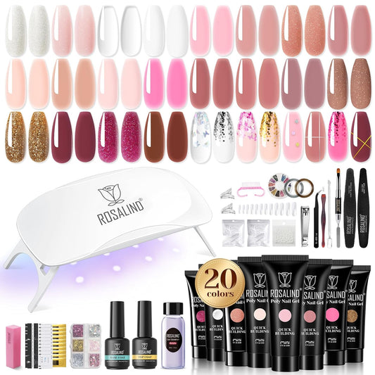 ROSALIND 20 Poly Nail Gel Kit with Mini Nail Lamp Glitter Collection with Tools Clear Poly Nail Gel Starter Kit with Nail Forms Base Coat Coat Basic Tools for Beginners with Everything