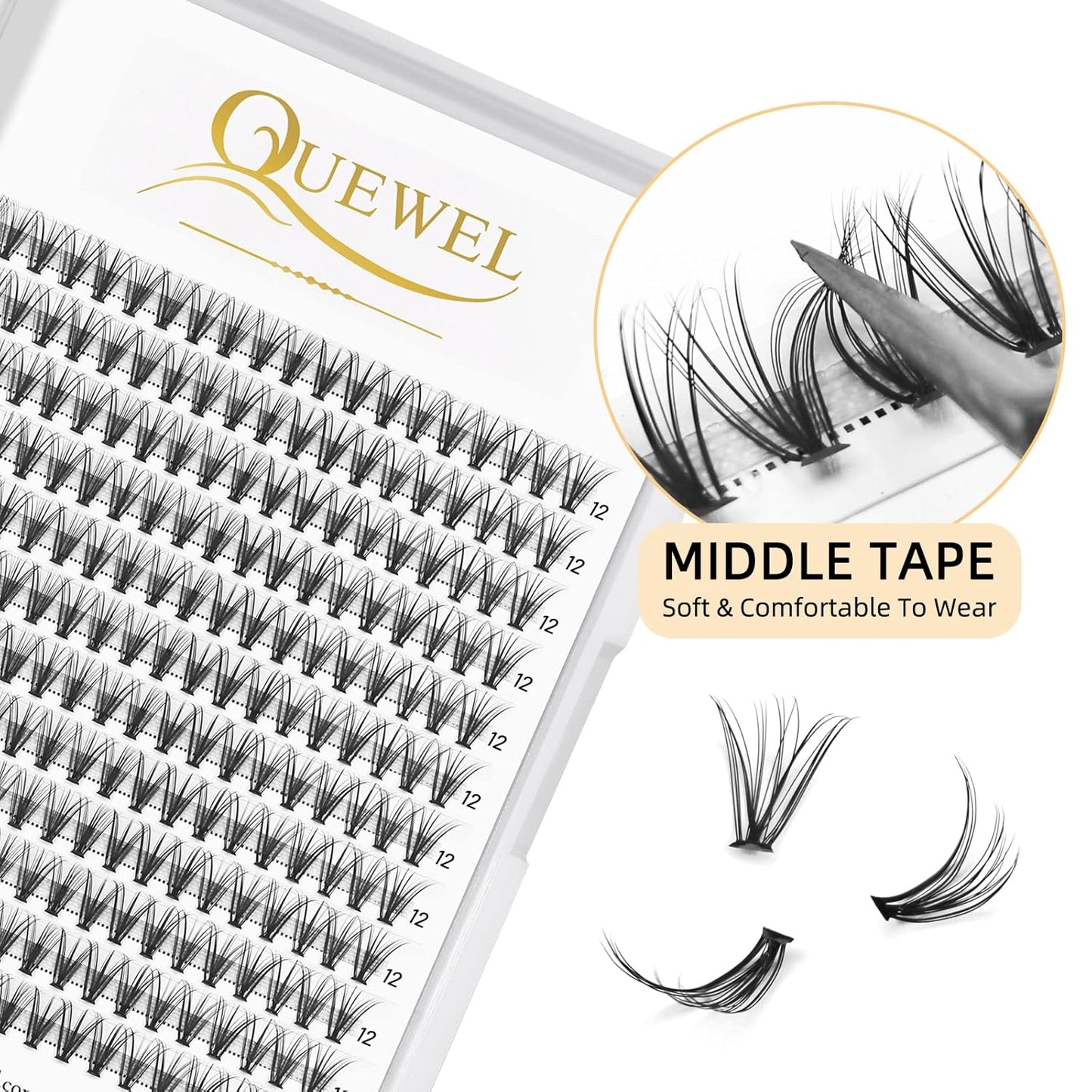 QUEWEL Cluster Lashes 240Pcs Individual Lashes 20D 0.07D Curl 12mm Knot-Free Lash Extensions Clusters Lashes Soft&Natural False Eyelashes Individual DIY Eyelash Extension at Home(20D 0.07D 12)