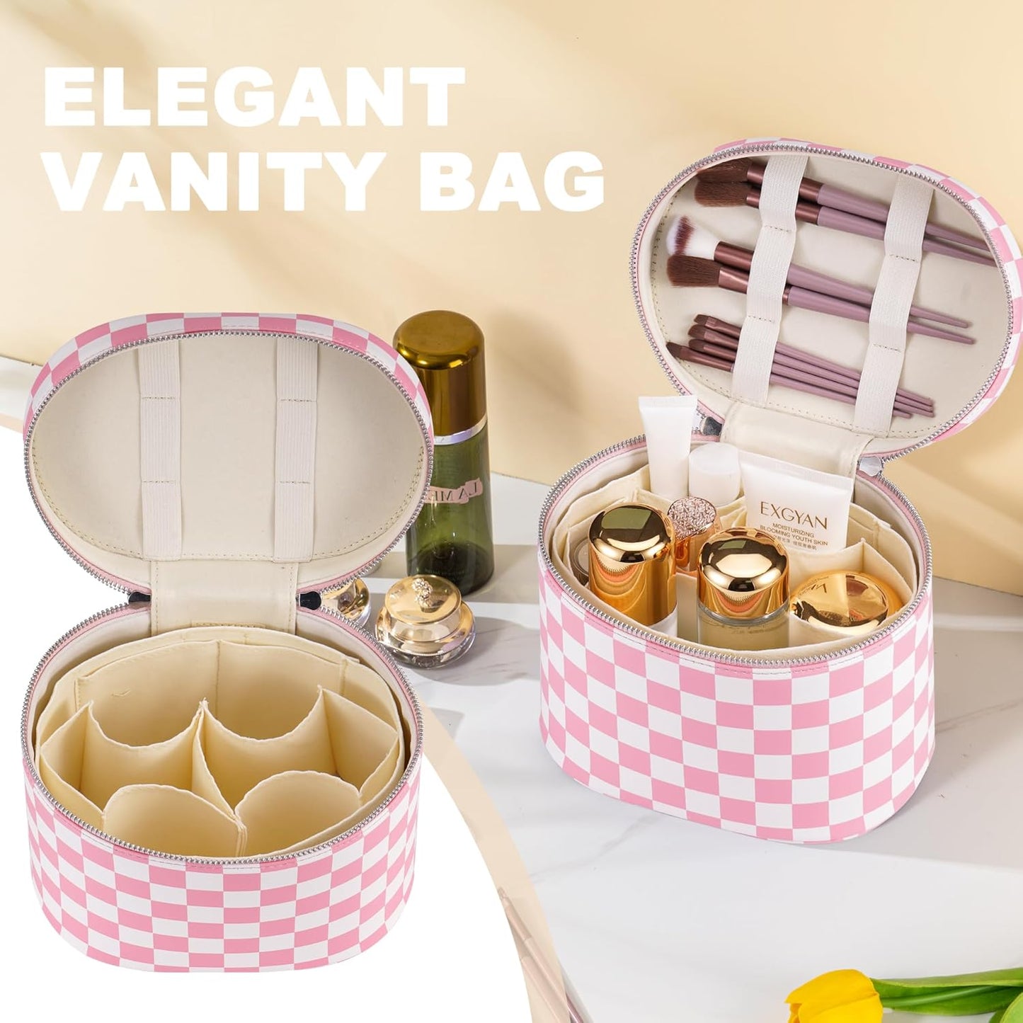 Makeup Bag Vanity Case Cosmetic Bag with Removable Divider Travel Toiletry Bag for Women Portable Make up Box Organizer, Pink and White