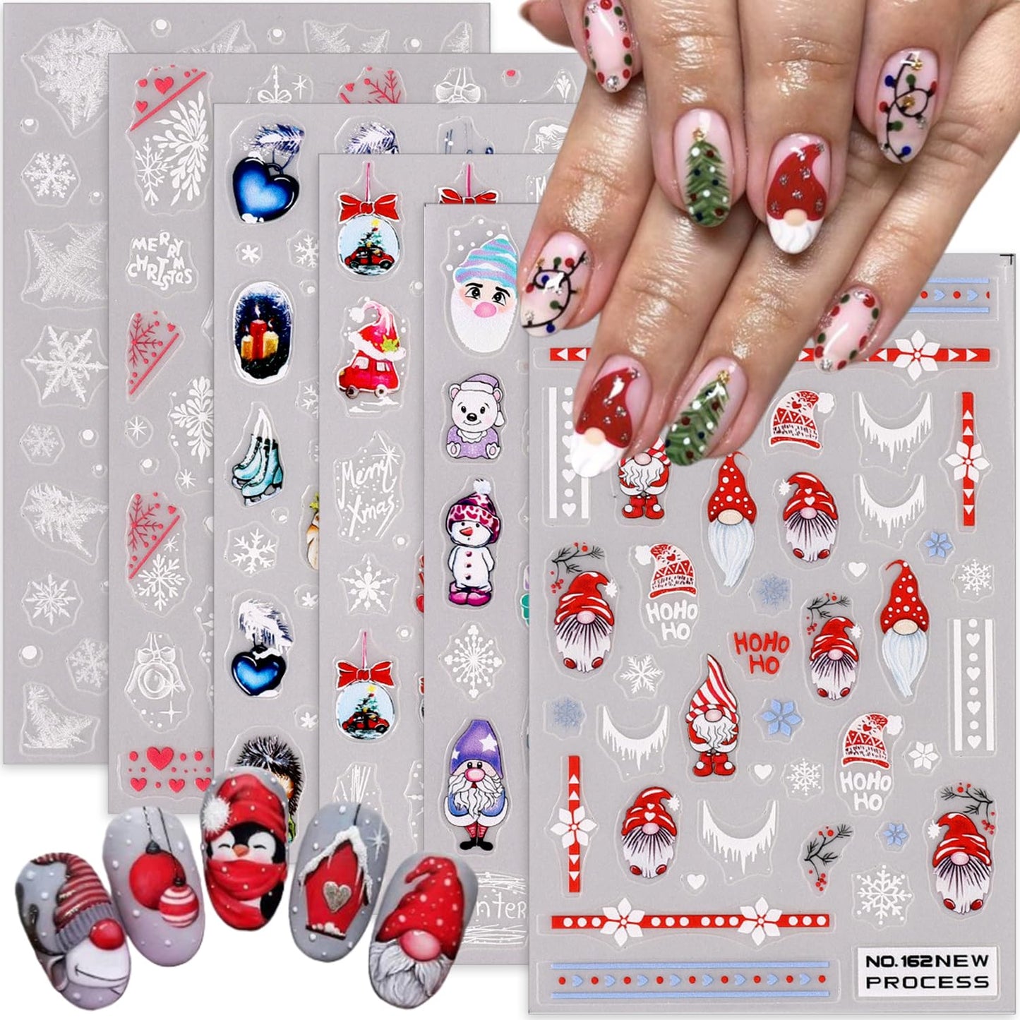 6Sheets Christmas Nail Art Stickers Self-Adhesive Winter Nail Supplies 3D Snowflake Nail Stickers for Nail Art Design Charms Cute Snowman Santa Claus Nail Decals for Women Xmas New Year Manicure Decor