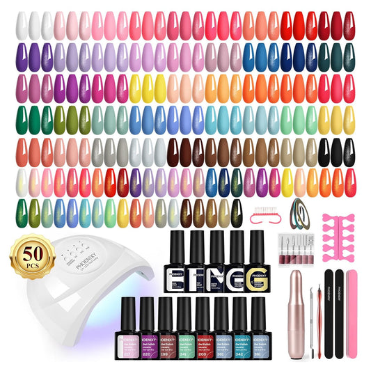 PHOENIXY 63 Pcs Gel Nail Polish Kit with U V light and Drill, 45 Colors Gel Polish with 5 Pcs Base Top Coat Manicure Starter Nail Polish Set Gifts for Women ST9017