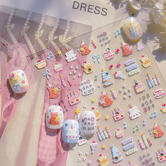 Cartoon Nail Stickers 3D Self-Adhesive Kawaii Animal Nail Supplies Cute Brown Bear Nail Decals 5D Embossed Birthday Party Candle Cake Nails Designs for Women Manicure DIY Nail Art Decorations