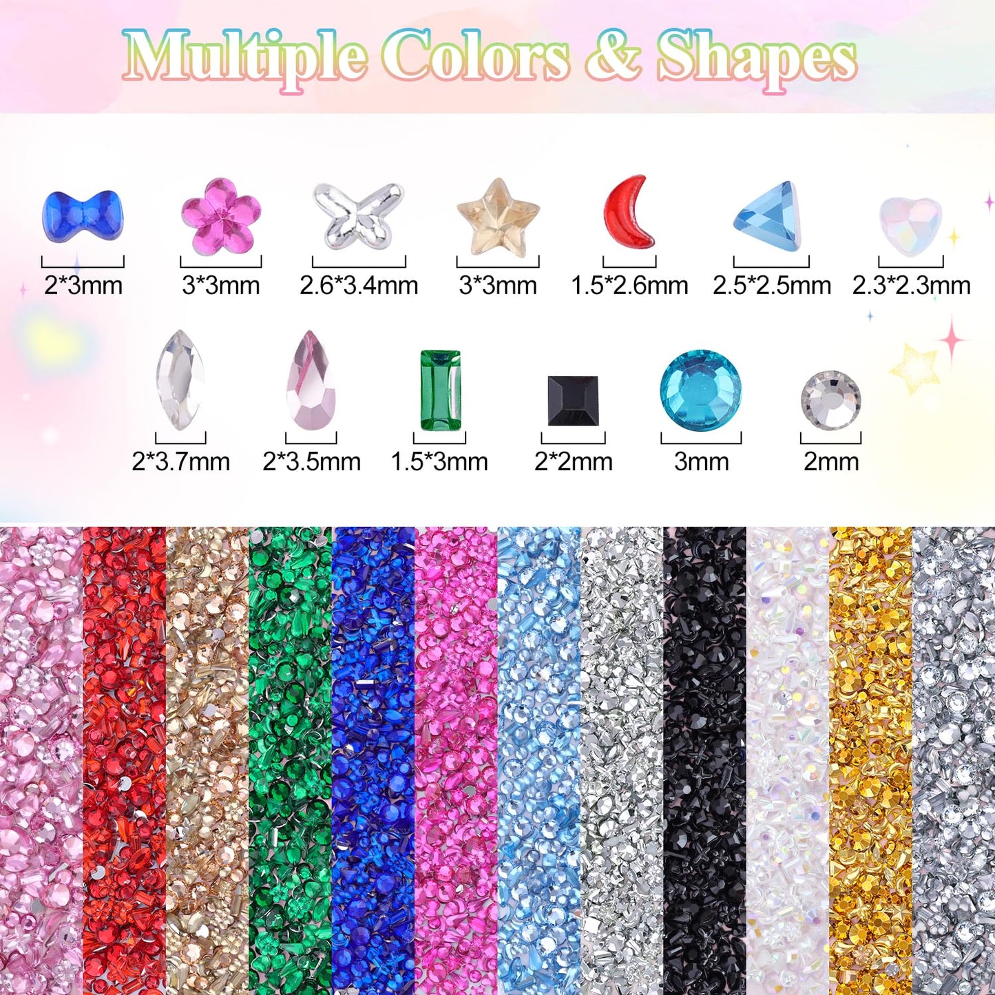 6360 PCS 2-3 MM Muliti Shape Colorful Rhinestones for Nail Art, 3D Resin Flatback Bedazzling Gems Mini Flower Bow Heart Star Butterfly, Kawaii Women Rhinestone Kit with Tweezers and Pickup Pencil