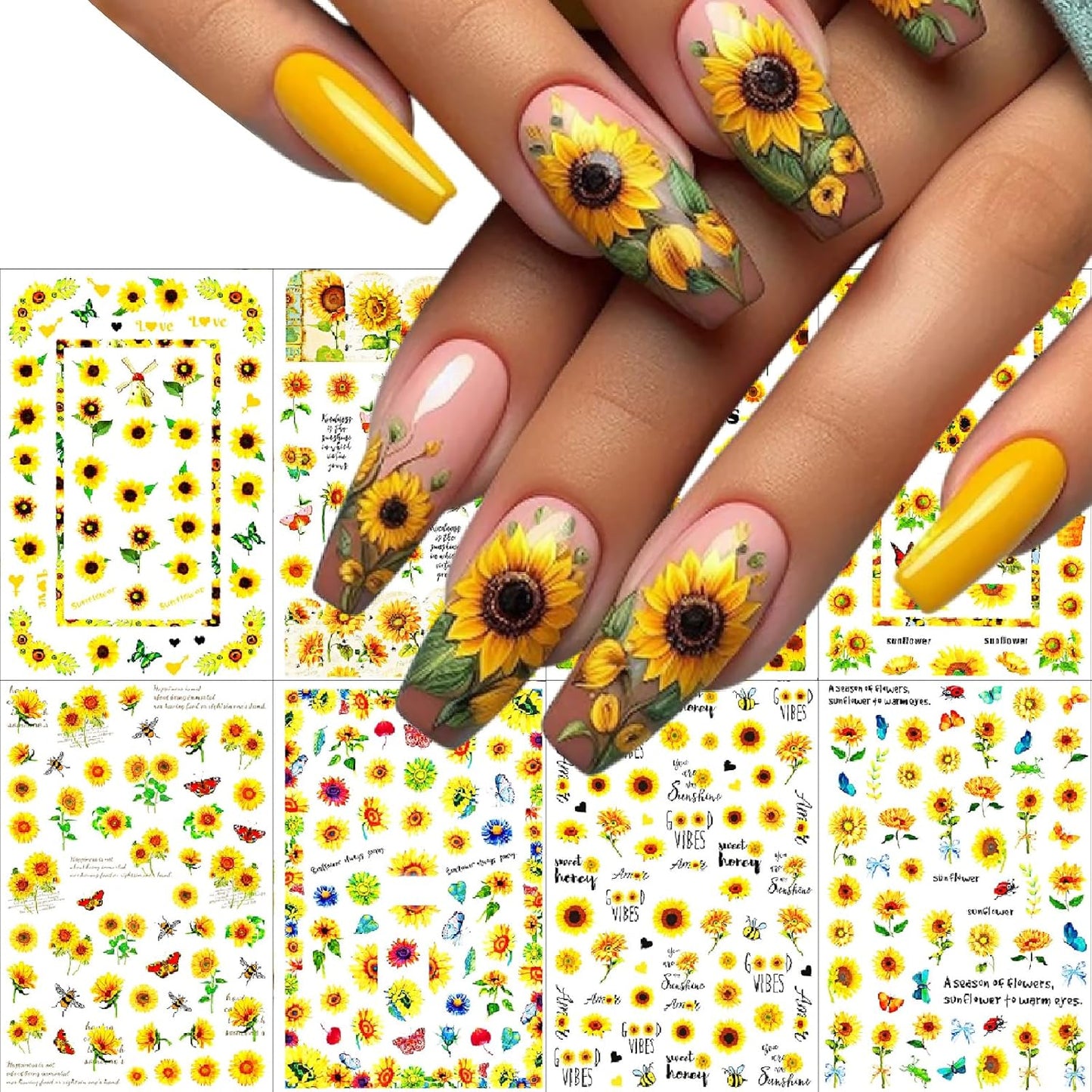 8 Sheets Sunflower Nail Art Stickers 3D Self-Adhesive Cute Yellow Bee Butterfly Spring Summer Sunshine Floral Design Small Daisy Flowers Nails Decals for Women Girls Summer Manicure Decoration
