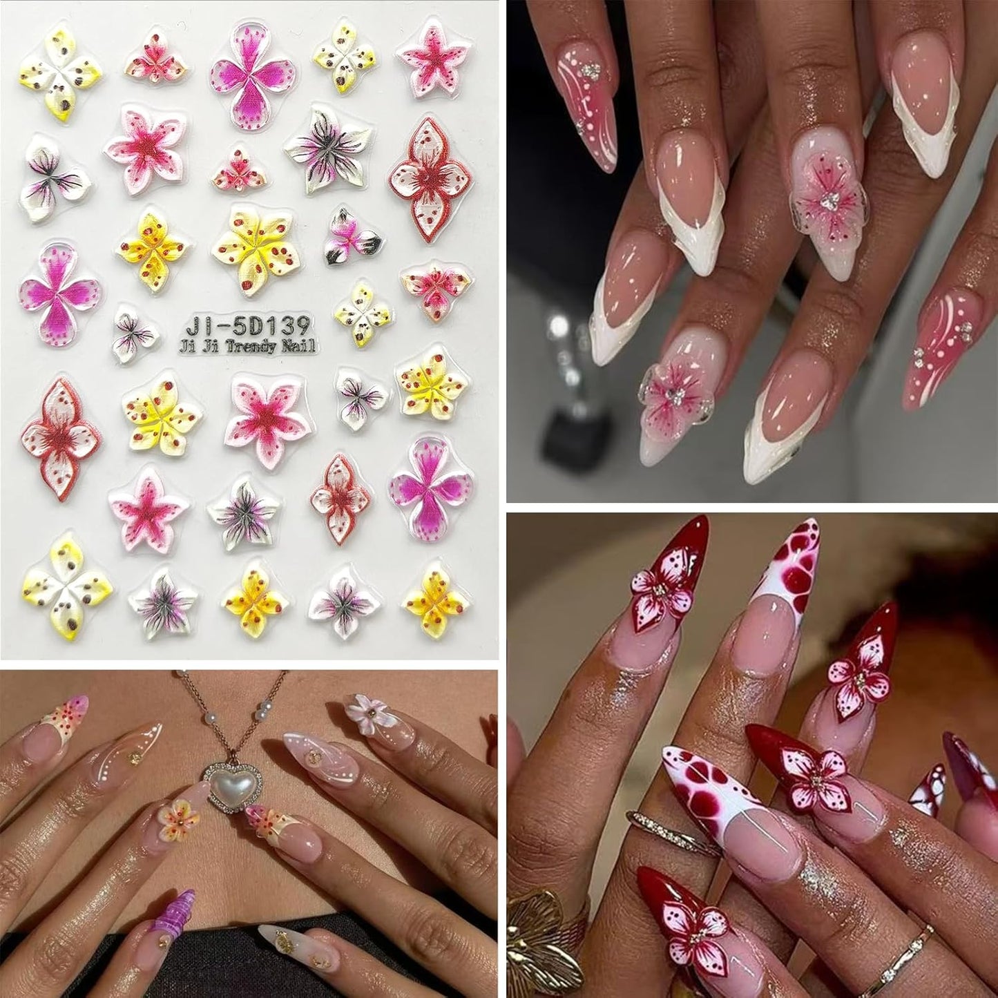 Nail Art Stickers Decals 5D Embossed Flower Nail Decals Self Adhesive Spring Summer Plumeria Nails Supplies 3D Design for Women Decoration Colorful Flower Nails Stickers