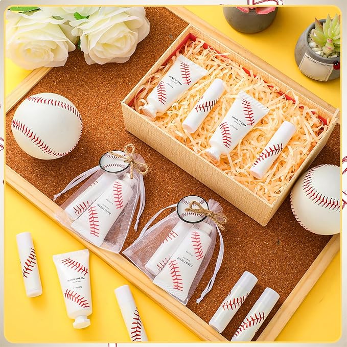 144 Pcs Baseball Lip Balm Hand Cream Set Baseball Party Supply, Include 36 Baseball Lip Balm 36 Moisturizing Hand Cream 36 Baseball Bag 36 Baseball Card and Rope for Baseball Accessories Gifts