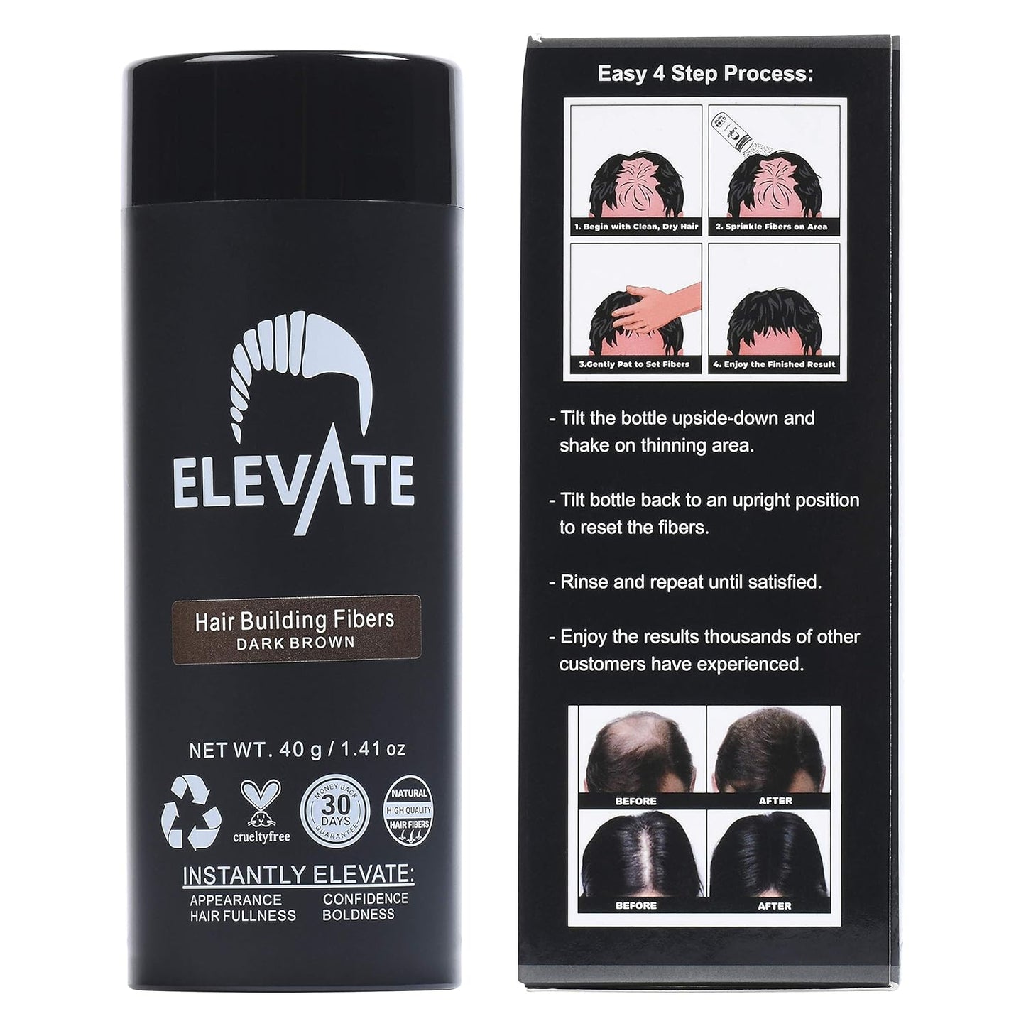 ELEVATE Hair Fibers for Thinning Hair Large Size 40g Bottle - 100% Natural Undetectable Keratin Fibers to Instantly Fill in Thinning Balding Loss Area Fuller in 30 Seconds Men & Women (Dark Brown)