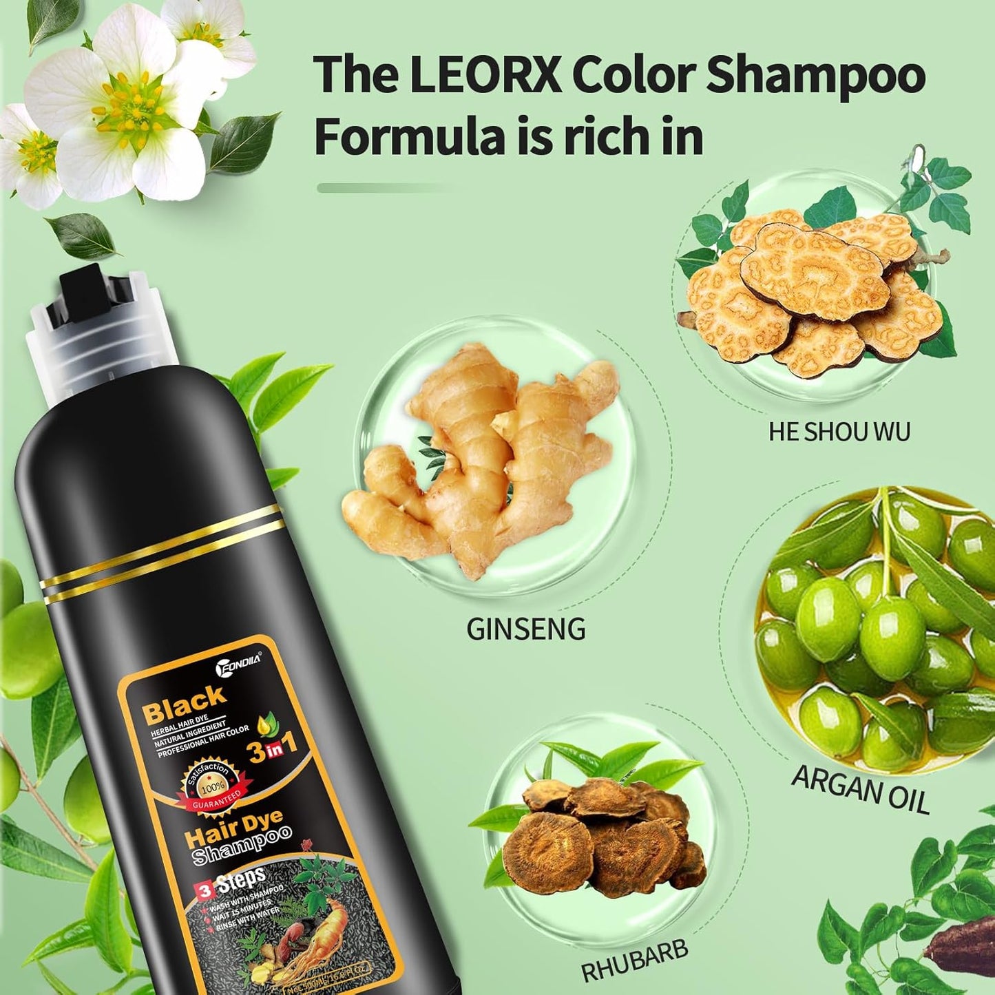 Leorx Black Hair Dye Shampoo, 16.9 Fl Oz - 3 In 1 Color For Gray Hair Instant Herbal Coloring For Women & Men - Ammonia Free