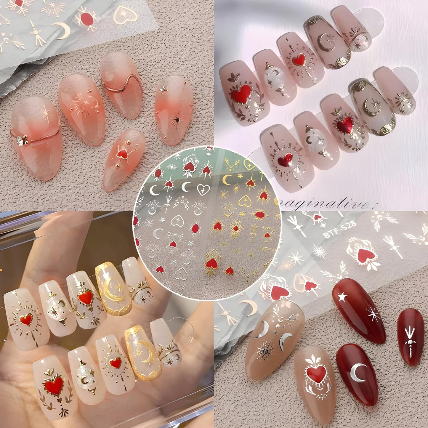 Star Nail Art Stickers - 12 Sheets, 3D Self-Adhesive Gold Moon, Red Heart, Silver Star Designs for Nail Art Decoration