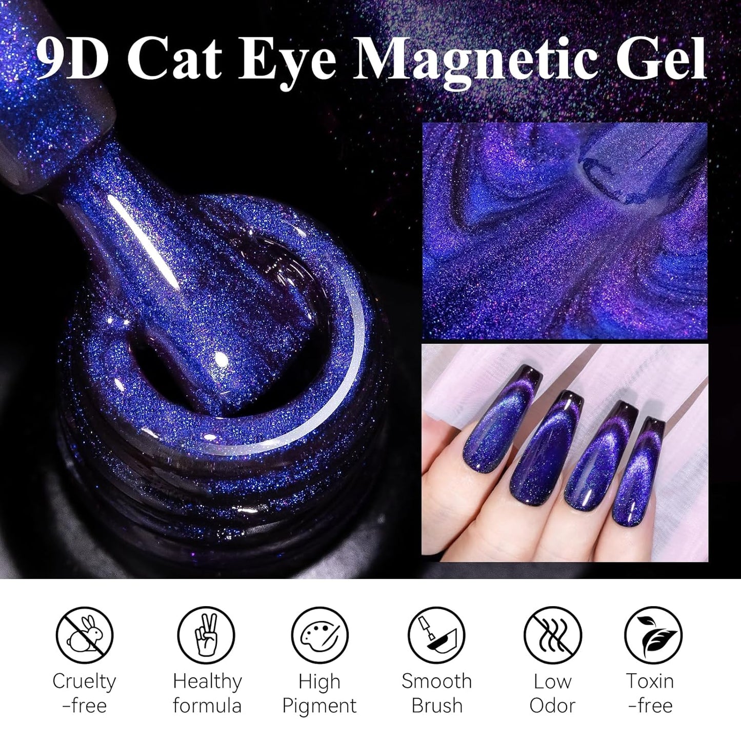 MIZHSE 9D Cat Eye Gel Nail Polish, Dual Colors Purple & Pink Magnetic Gel Polish with Magnet Stick, Magic Chameleon Galaxy Effect Holographic Glitter Silky Cat Eye Nail Polish Soak Off Nail Art Salon