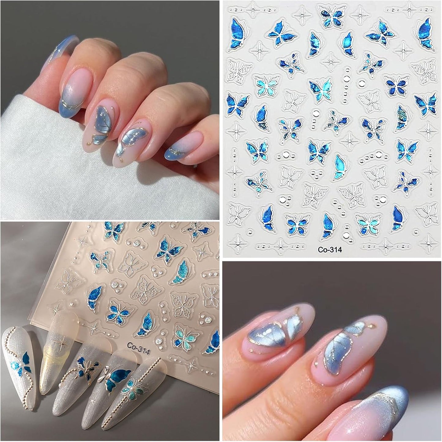 Spring Flower Nail Art Stickers Decals Blue Green Butterfly Nail Decals Self Adhesive 5D Embossed for Women Nails Design Decoraion 3D Flower Mails Stickers Supplies