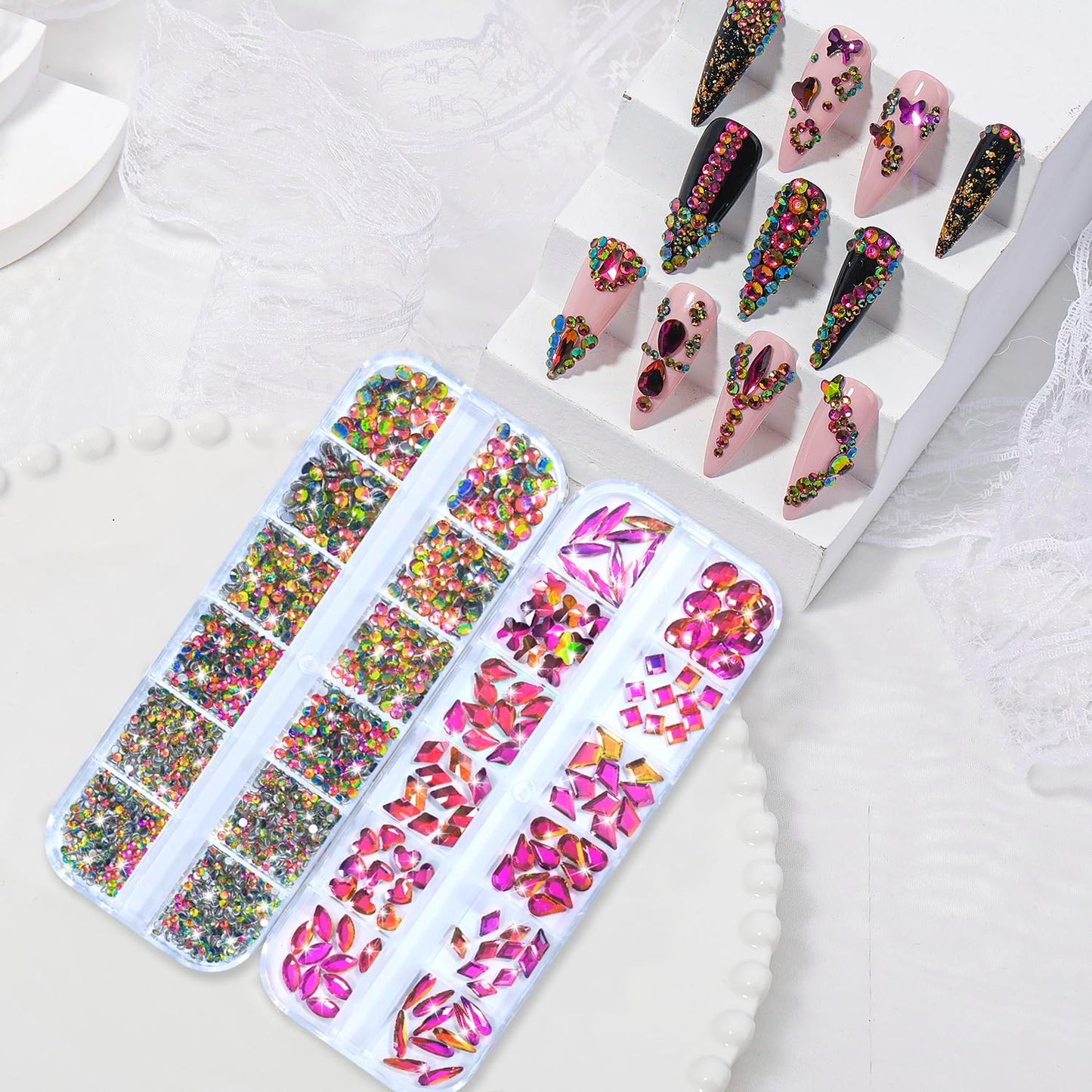 Nail Rhinestones - 3D Multi Shape Size, Flat Back, Crystals Manicure Rhinestones Charms, Colorful Red Nail Gems, with Kit, for Nail Art, Bedazzling Acrylic Nails, DIY Decor