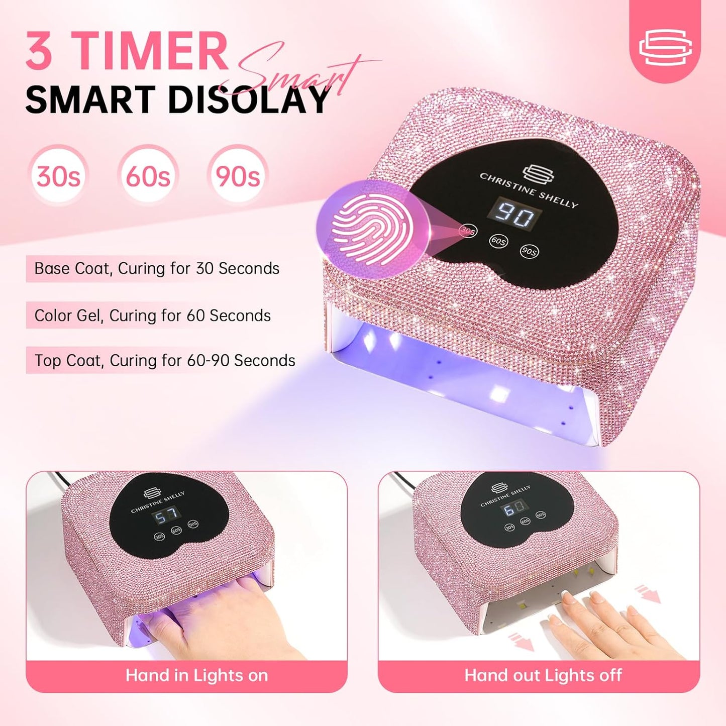 UV Nail Lamp, CHRISTINE SHELLY UV Light for Gel Nails, 48W Plug-in Mini Diamond Nail Lamp Nail Dryer with Touch Control Auto Sensor and 3 Timer Settings Nail Light Curing Lamp, Home