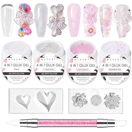 Makartt 3D Nail Gel Art for Nails Starter Kit: 4 Colors 3D Sculpting DIY Manicure Solid Gel Builder Clear and Shimmers for Extension, Molding Hard Gels with Silicone Flower Molds Sculpture Brush