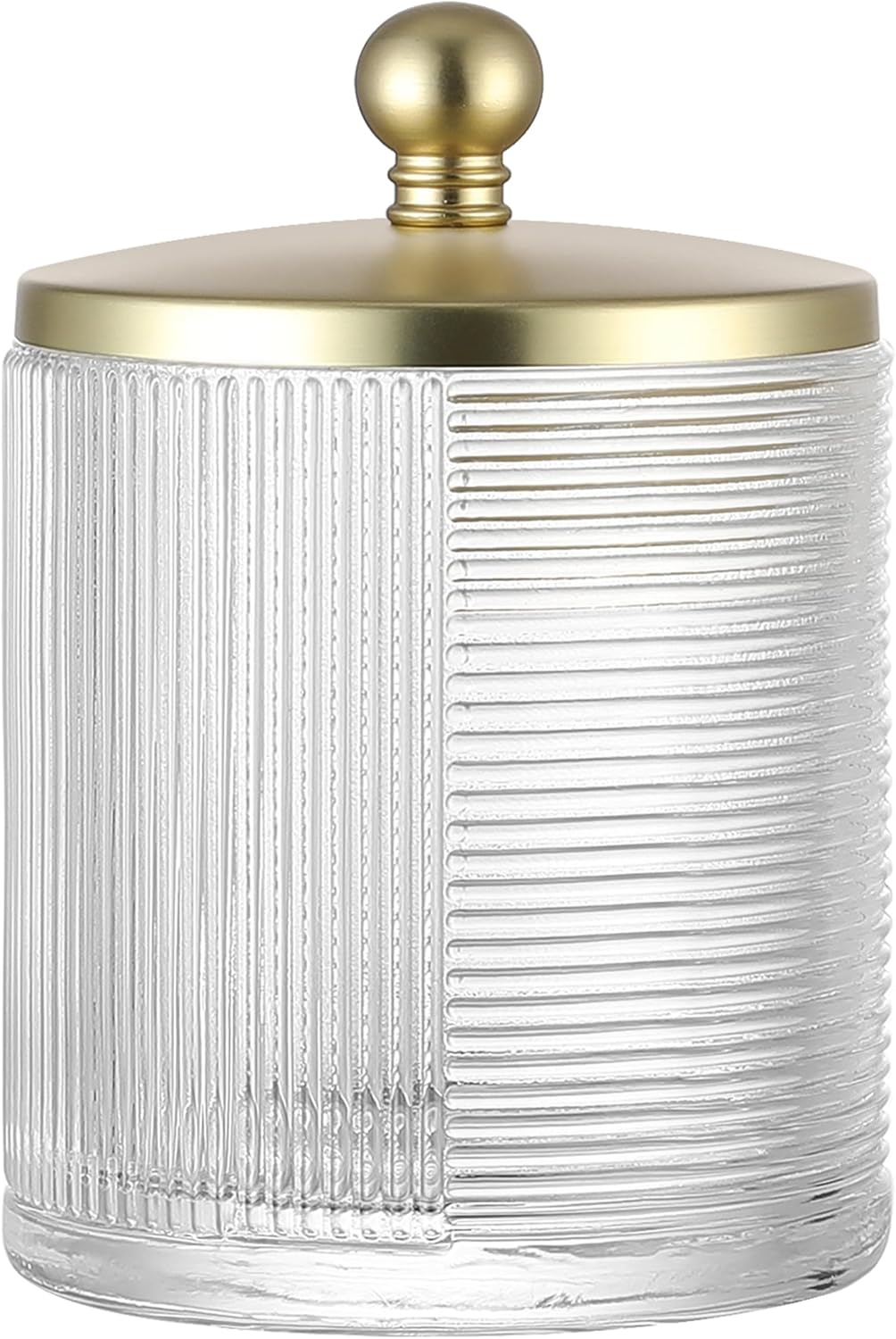 Glass Cotton Jar Holder Matte Gold Lid, Elegant Bathroom Storage Canister for Qtips, Cotton Balls, Floss, Makeup Organizer, Vanity Bathroom Organization