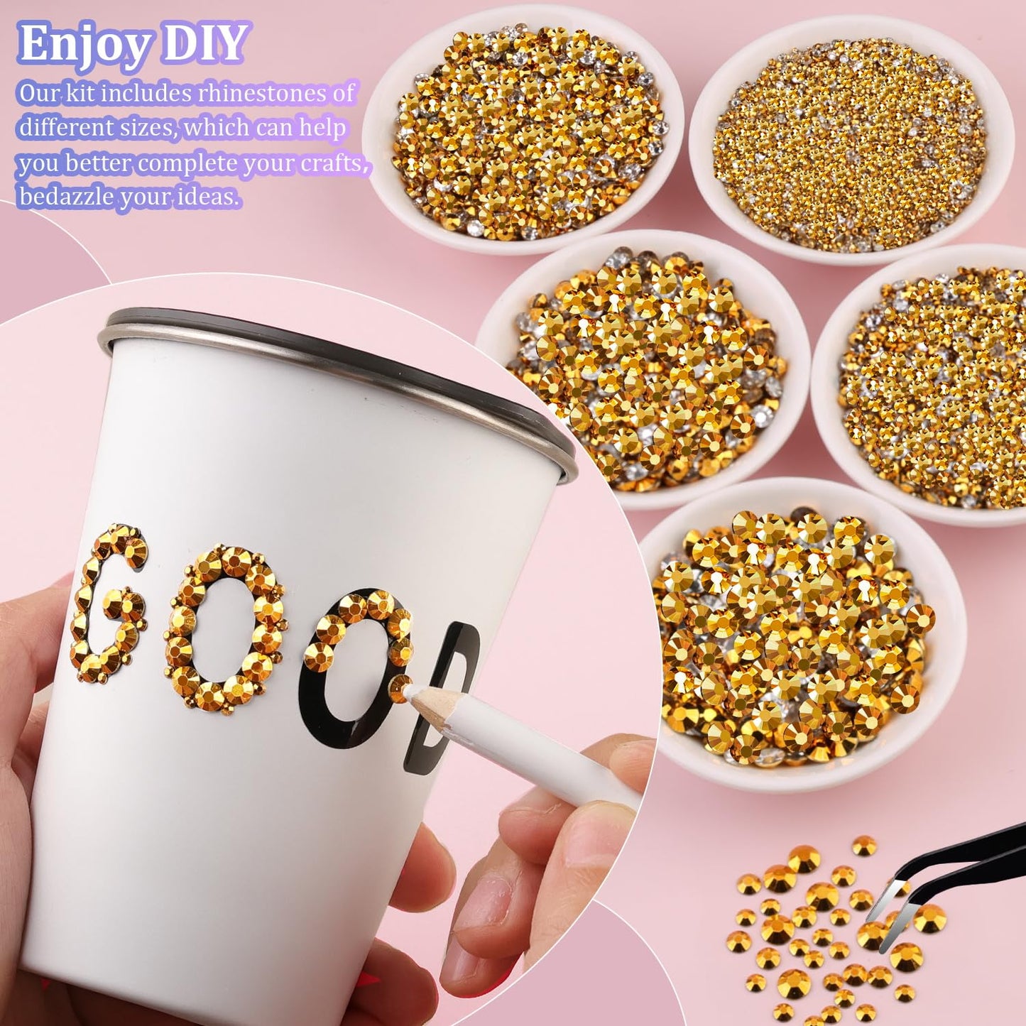 30000Pcs Resin Rhinestones for Bedazzling with Tweezers, Mine Gold Rhinestones for Crafting with B7000 Jewelry Glue for DIY Crafts Clothing Tumblers Shoes Fabric Nail Art