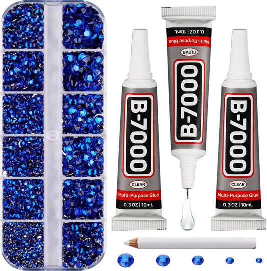 6000Pcs Blue Rhinestones for Crafting Bedazzling with b-7000 Glue, Bling Sparkly Resin Dark Royal Navy Blue Flatback Crystal for Crafts Clothing Tumblers Bottles Graduation Cap, Flat Back Gems Mix