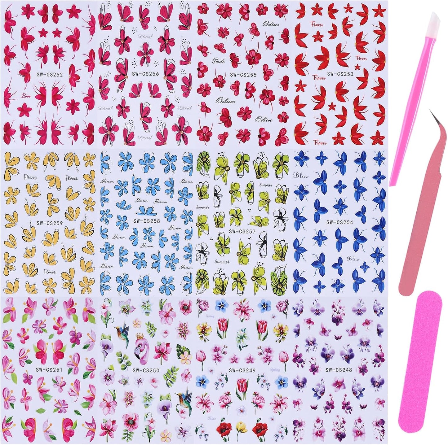 Flower Petal Nail Art Sticker 12 PCS Simple French Floral Nail Decals Lily Orchid Leaves Flamingo Designs with Tweezers Hot Pink Blue Purple Green Flower Sliders Nail Art Decoration DIY Accessories