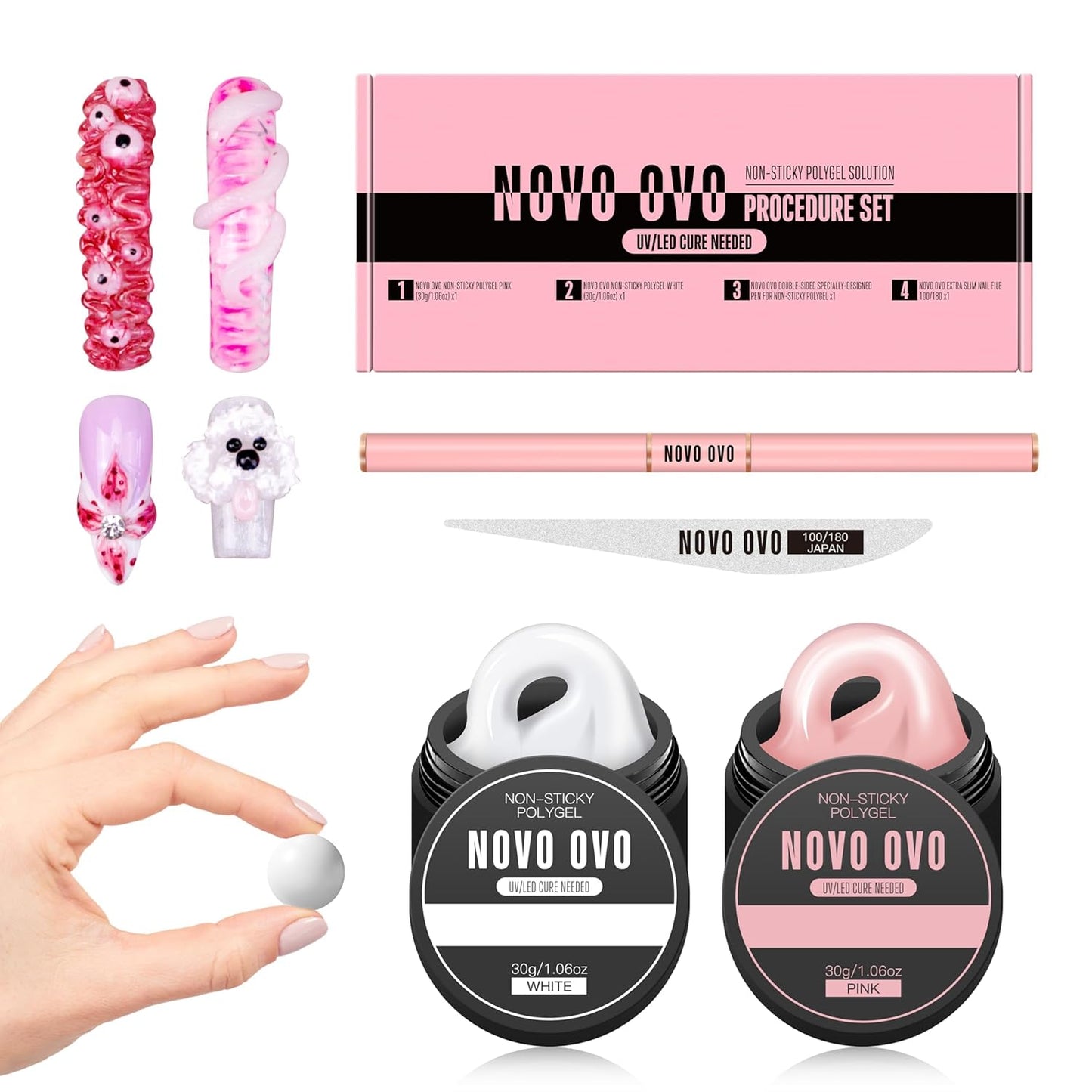 Upgraded NON-STICKY Polygel Solution Procedure Set, White and Pink non-sticky Poly Gel, Dual-Ended Nail Pen, Extra Slim Nail File, Easy to Use Together with Toe or Hand Nail Dual Forms