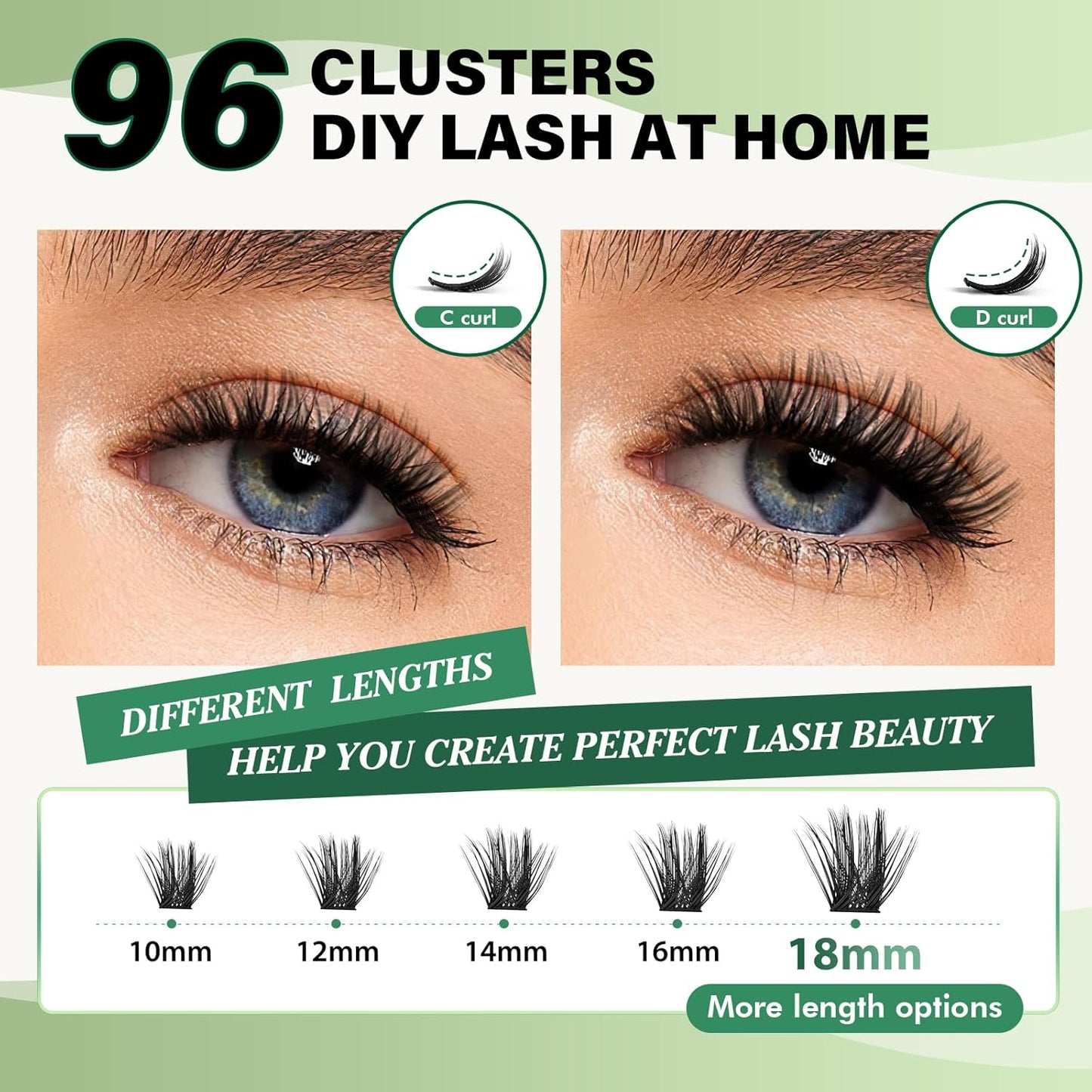 Lash Clusters 96pcs Individual Lashes D Curl 16mm Eyelash Clusters KEYYOU Volume Wispy Lash Extension Soft&Comfortable Easy DIY at Home(Y22,D-16mm)