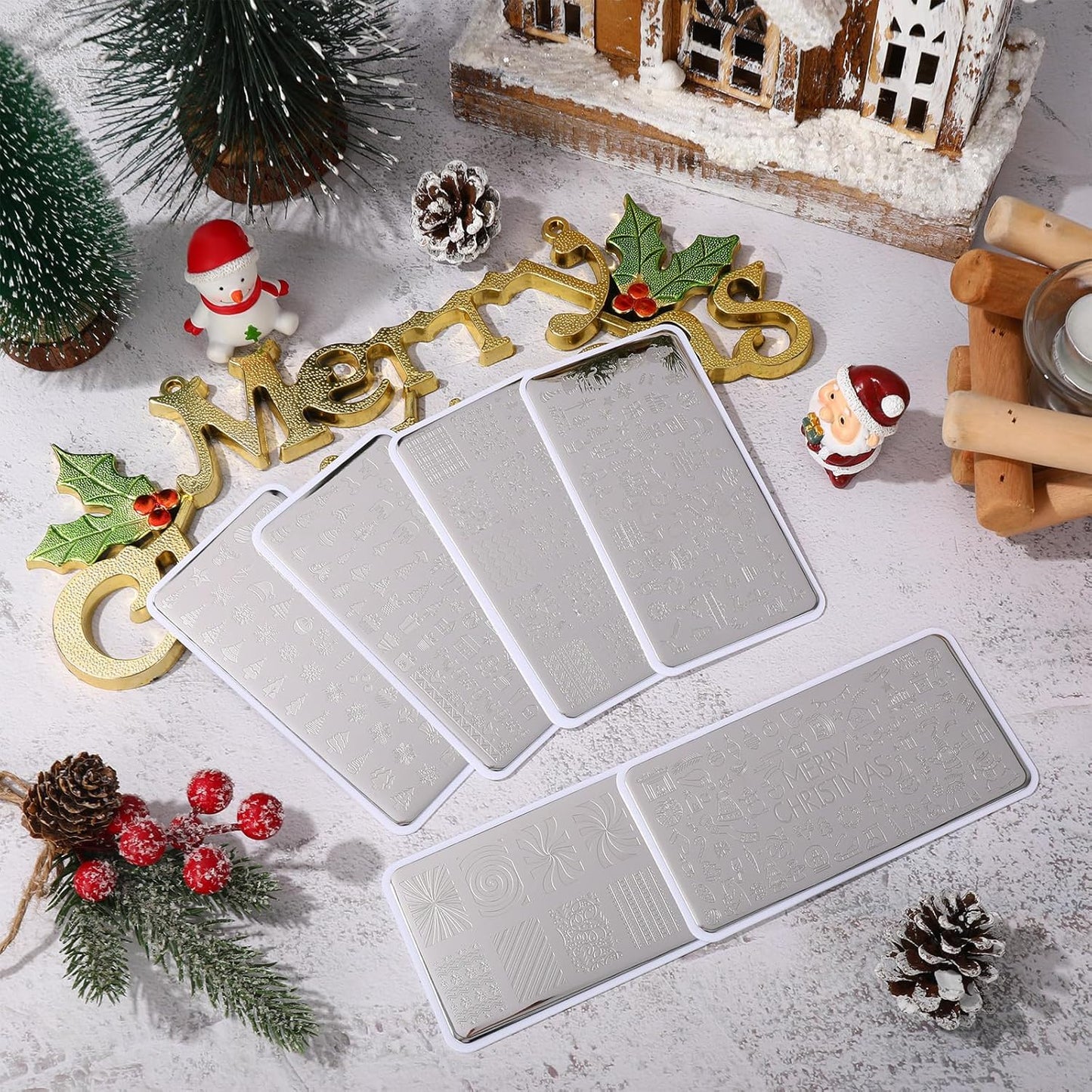 Whaline 6Pcs Christmas Nail Plates Stamping Set Xmas Tree Snowflake Snowman Stamp Templates Nail Art Plates for Winter DIY Print Manicure Salon Design Gift