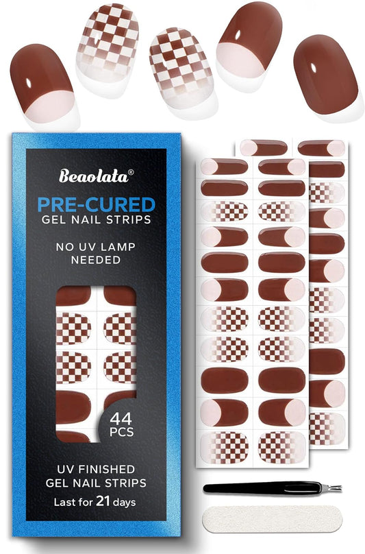 Pre Cured Gel Nail Strips - 44PCS Salon Quality Gel Nail Stickers - Long Lasting Polish Wraps for Women no UV Light Needed Easy Apply& Remove (Chestnut Brown）