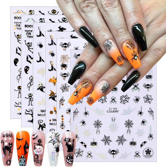 6 Sheets Halloween Nail Art Stickers 3D Horror Gothic Ghost Face Skull Pumpkin Bat Spider Witch Halloween Nail Decals Cute Cat Nail Art Design Accessories for Women Girl DIY Nail Decorations