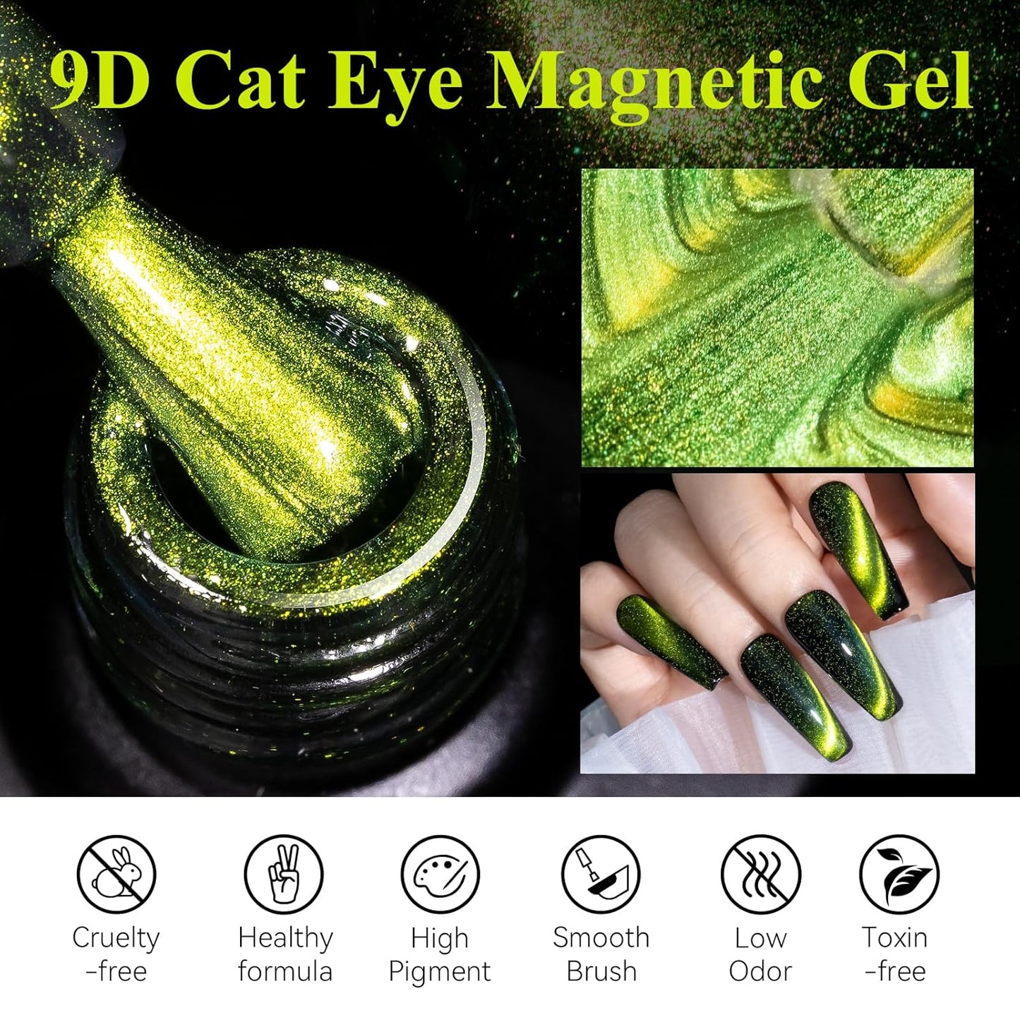 MIZHSE 9D Cat Eye Gel Nail Polish, Bright Green Magnetic Gel Polish with Magnet Stick, Magic Shimmer Galaxy Effect Holographic Glitter Silky Cat Eye Nail Polish Soak Off Nail Art Manicure at Home