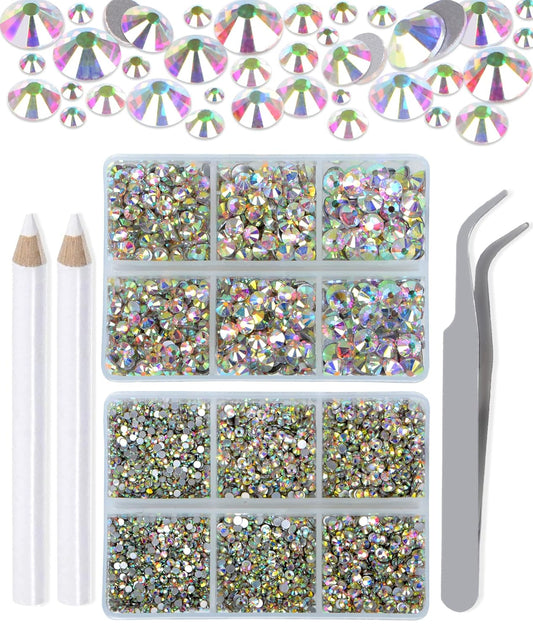 LPBeads 6000 Pieces Clear AB Non Hotfix Rhinestones 6 Sizes Round Crystal Glass Flat Back Rhinestones with Tweezers and Picking Pen for Nail Art Crafts Clothes Bags DIY