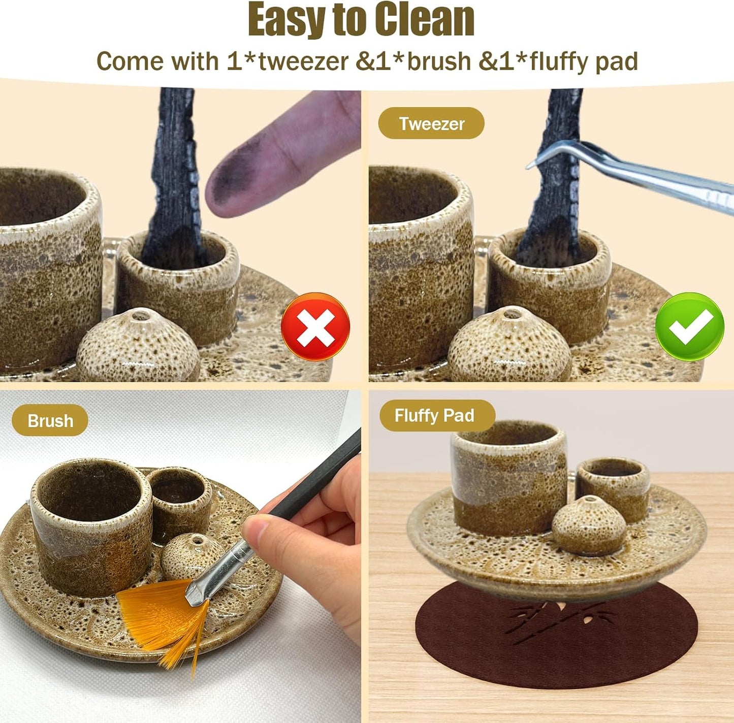 Palo Santo Holder - 4 in 1 Incense & Candle Holder - Ceramic Incense Holder Ash Catcher Tray for Meditation Room - Easy to Clean (Brown White)