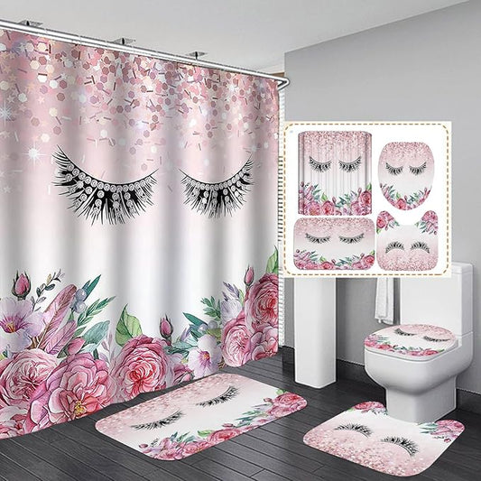4PCS Diamond Eyelash Shower Curtain Set, Rustic Flower Botanical Bouquet Confetti Girly Makeup Fashion Bathroom Decor Waterproof Fabric Shower Curtain Non-Slip Bath Mat Toilet Rug, Pink Floral
