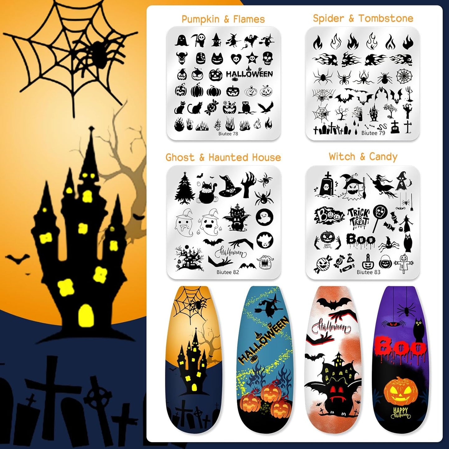 Biutee Nail Stamping Plate 20Pcs Nail Stamper Kit 16Pcs Nail Art Stamping Plates with Silicone Stamper, Scraper & Storage Bag, Stamp Plates Star Plaid Love Leaf Template Halloween Design Gift