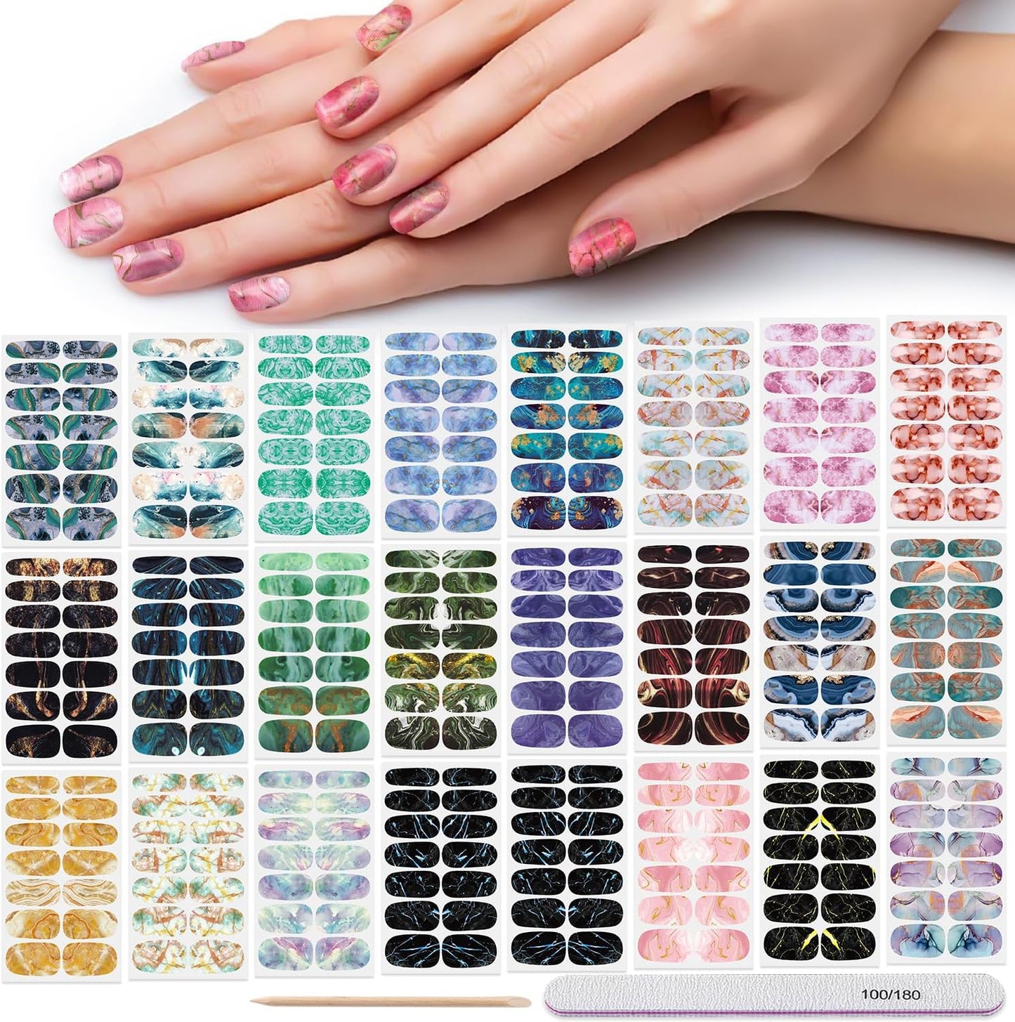DANNEASY 24 Sheets Full Nail Wraps for Women - Marble Print, Nail Polish Strips Self Adhesive Gel Nail Stickers Acrylic Manicure Strips Nails Art Accessories with 1pc File, Cuticle Stick