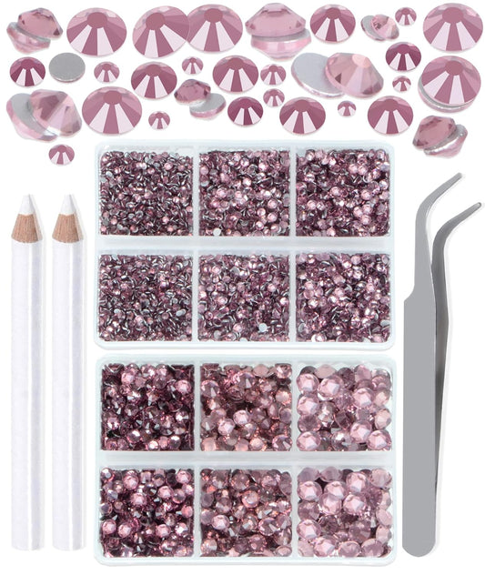 LPBeads 6000 Pieces Lt Amethyst Non Hotfix Rhinestones 6 Sizes Round Crystal Glass Flat Back Rhinestones with Tweezers and Picking Pen for Nail Art Crafts Clothes Bags DIY