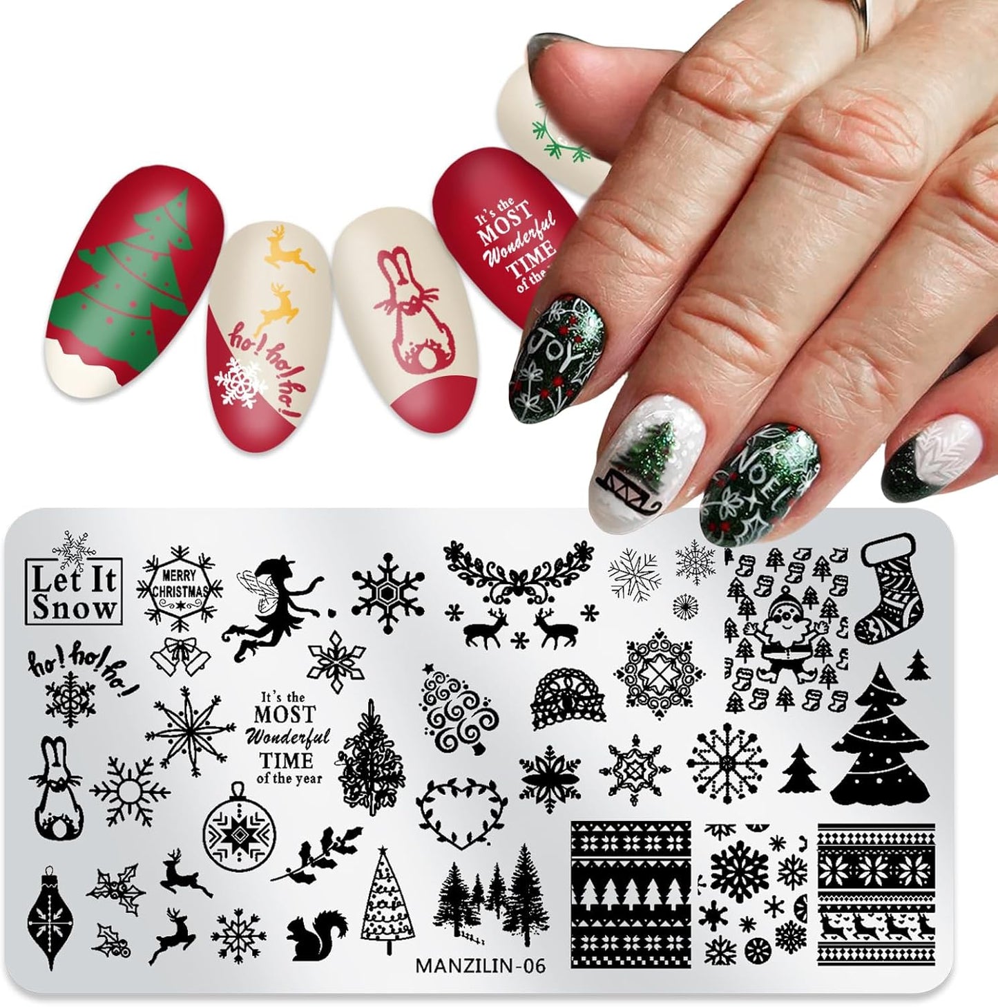 Christmas Nail Stamping Plates - Winter Stamp Kit with Snowflake, Santa Claus, Christmas Tree, Elk & Candy Bells Designs - DIY Stainless Steel Nail Image Polish Template Kit (8Pcs)
