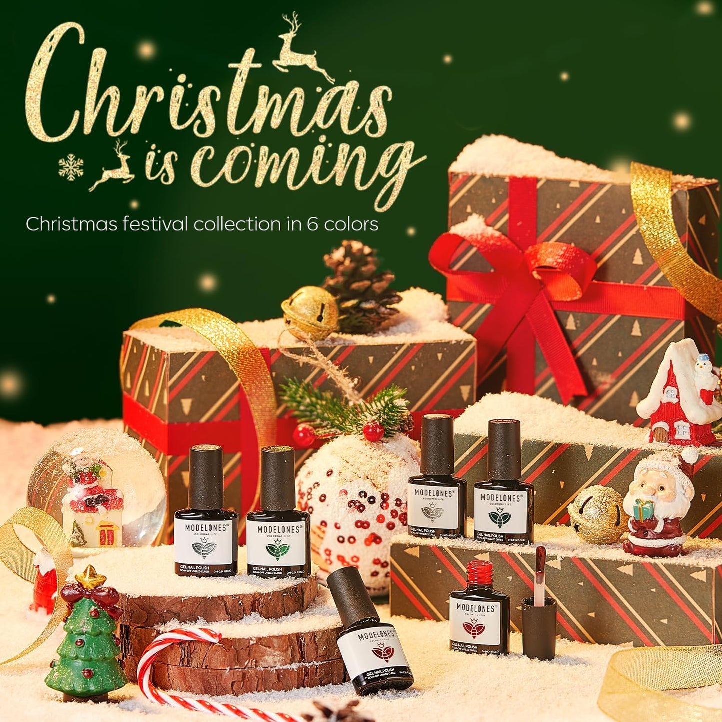 modelones Christmas Gel Nail Polish Set 6 Colors, Winter Sparkle Dark Green Red Glitter Silver Champagne Rose Gold New Year Shades Shopping Gel Polish Ki Soak Off Nail Art Manicure Home Gift