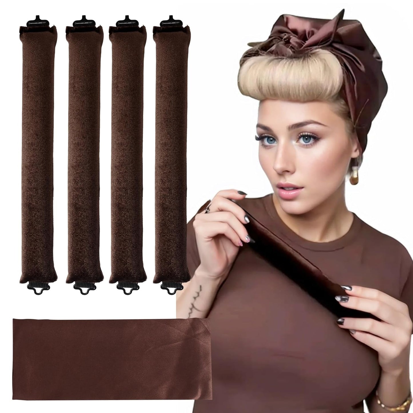 Heatless Curls Overnight Hair Curler - 4 Pcs Curling Rod to Sleep In, Velvet Hair Rollers with Satin Hair Scarf Girl's gift (Brown)