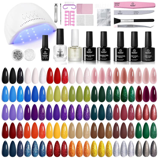 Beetles Gel Nail Polish Kit with U V Light - 68 Pcs Gel Nail Kit 45 Colors Mystic Wonderland Set Soak Off Manicure Tools Nails Stuff Red Green Nude DIY Salon Gifts for Women Teens Girls